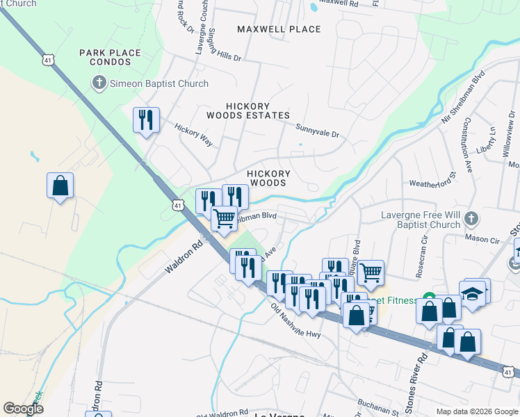 map of restaurants, bars, coffee shops, grocery stores, and more near 4034 Nir Shreibman Boulevard in La Vergne