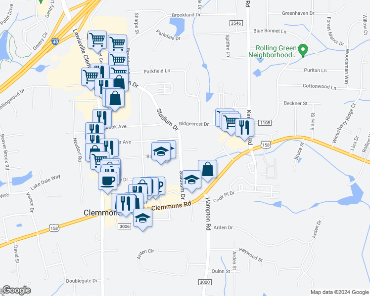 map of restaurants, bars, coffee shops, grocery stores, and more near 6189 Stadium Ridge Court in Clemmons