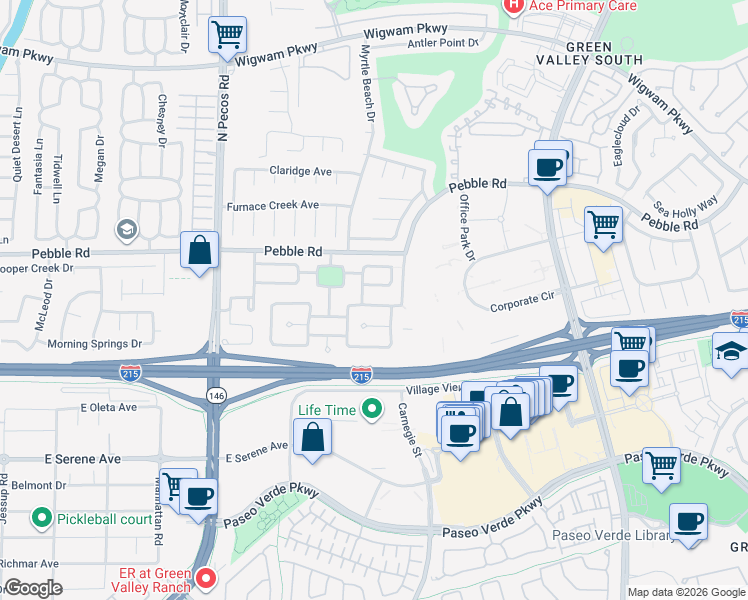 map of restaurants, bars, coffee shops, grocery stores, and more near 2410 Pebble Springs Court in Henderson