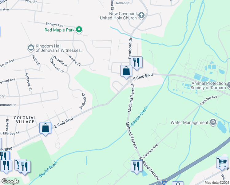 map of restaurants, bars, coffee shops, grocery stores, and more near 1313 East Club Boulevard in Durham
