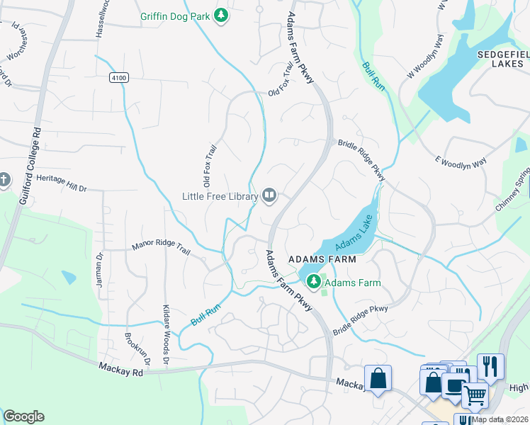 map of restaurants, bars, coffee shops, grocery stores, and more near 5405 Brandermill Court in Greensboro