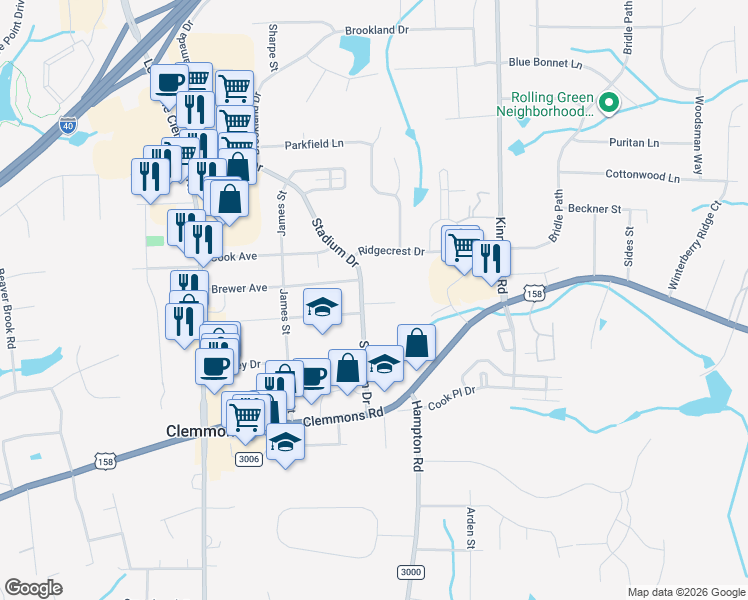 map of restaurants, bars, coffee shops, grocery stores, and more near 6172 Stadium Ridge Court in Clemmons