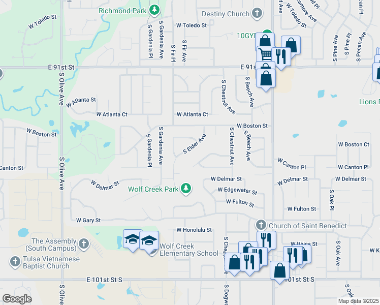 map of restaurants, bars, coffee shops, grocery stores, and more near 2713 South Elder Avenue in Broken Arrow