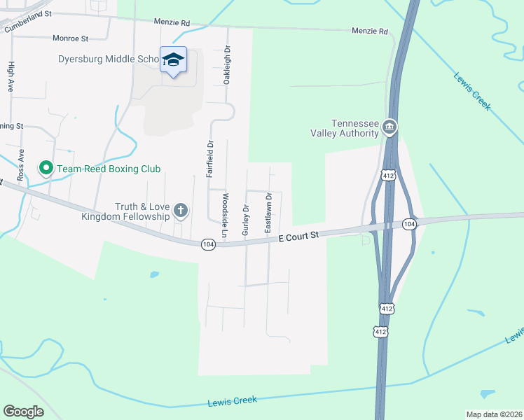 map of restaurants, bars, coffee shops, grocery stores, and more near 116 Eastlawn Drive in Dyersburg