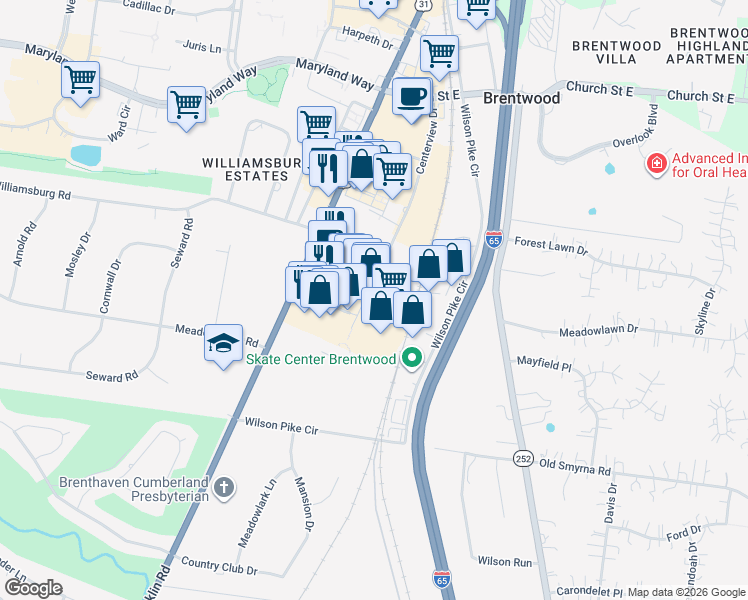 map of restaurants, bars, coffee shops, grocery stores, and more near 298 Centerview Drive in Brentwood