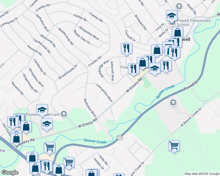 map of restaurants, bars, coffee shops, grocery stores, and more near 7517 Lancashire Boulevard in Powell