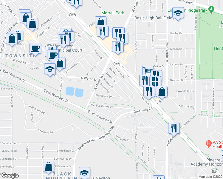 map of restaurants, bars, coffee shops, grocery stores, and more near 649 Blackmore Drive in Henderson