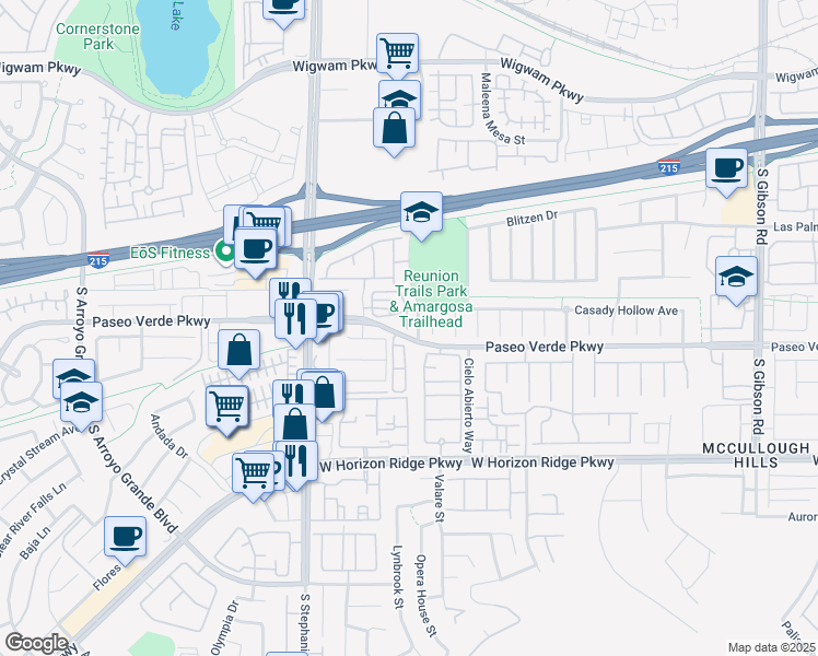 map of restaurants, bars, coffee shops, grocery stores, and more near 1294 Paseo Verde Parkway in Henderson
