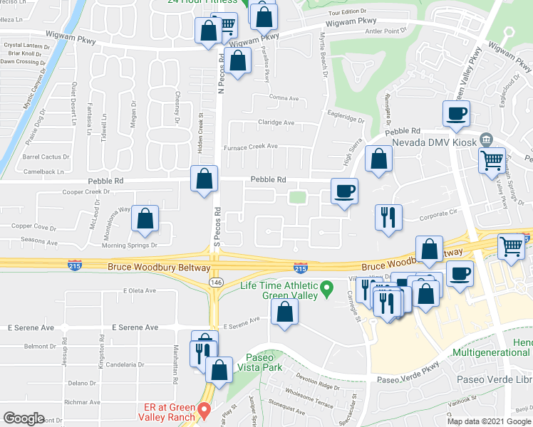 map of restaurants, bars, coffee shops, grocery stores, and more near 28 Avenida Arenas in Henderson