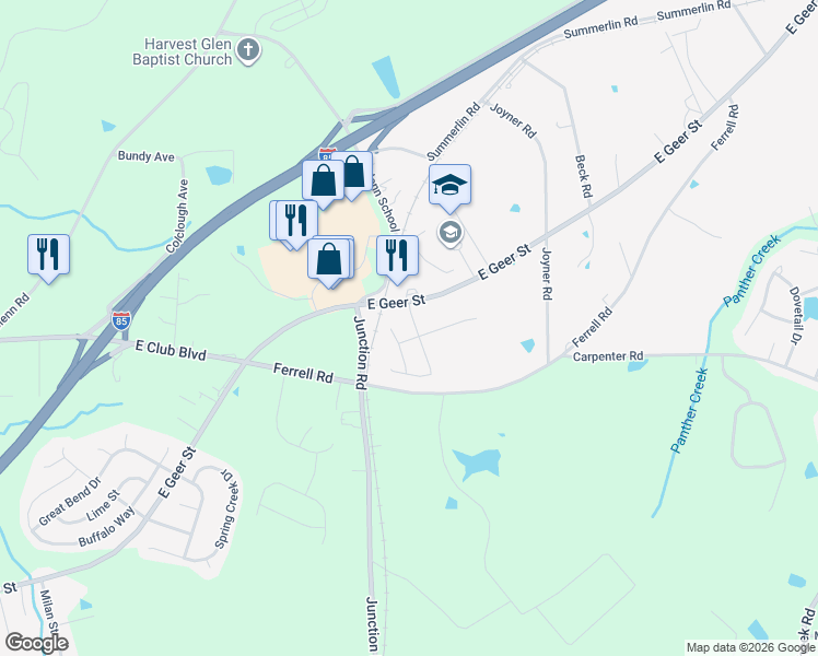 map of restaurants, bars, coffee shops, grocery stores, and more near 2315 Ferrell Road in Durham