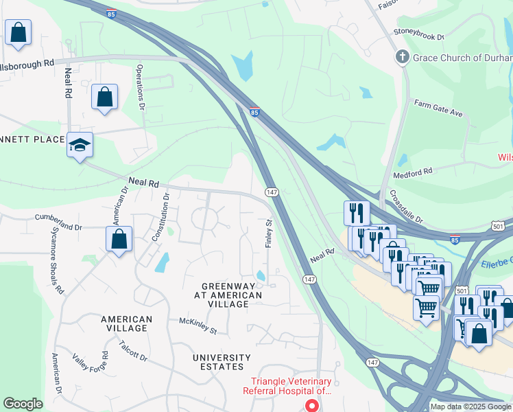 map of restaurants, bars, coffee shops, grocery stores, and more near 9 Grove Park Road in Durham