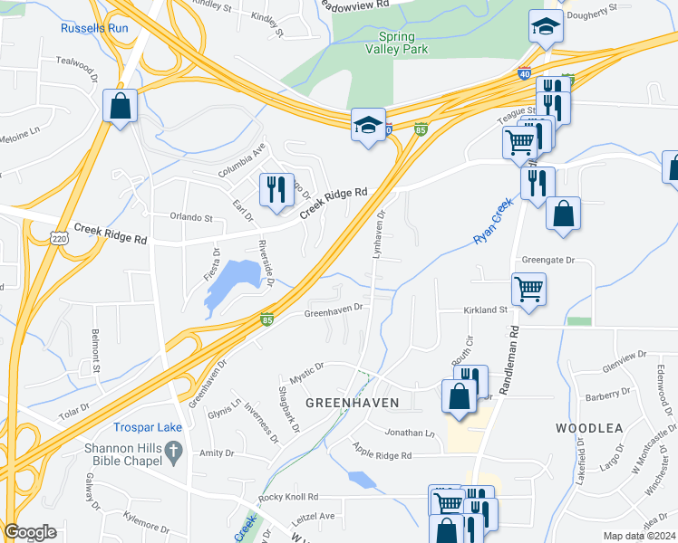 map of restaurants, bars, coffee shops, grocery stores, and more near 800 Greenhaven Drive in Greensboro