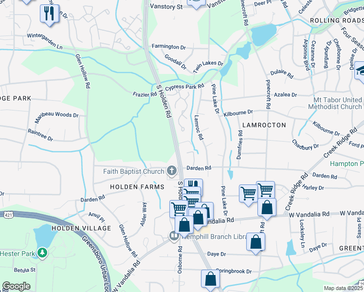 map of restaurants, bars, coffee shops, grocery stores, and more near 3017 South Holden Road in Greensboro