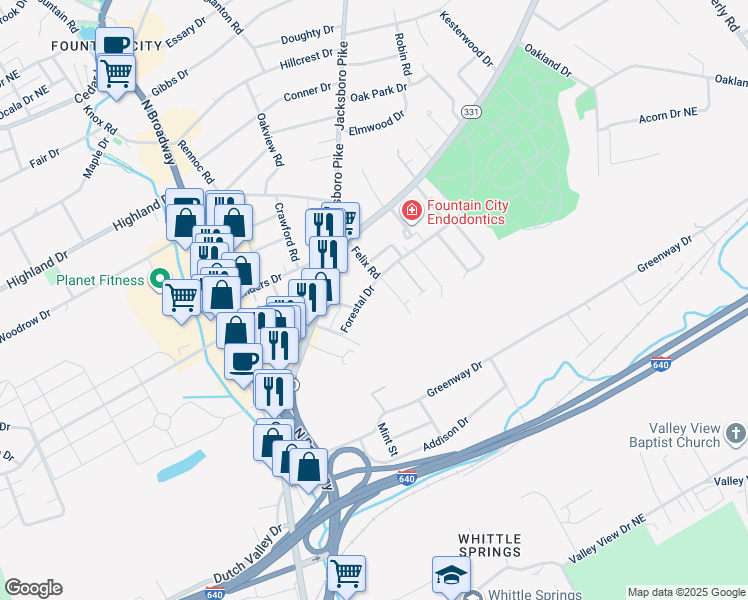 map of restaurants, bars, coffee shops, grocery stores, and more near 318 Forestal Drive in Knoxville