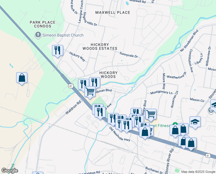 map of restaurants, bars, coffee shops, grocery stores, and more near 4036 Nir Shreibman Boulevard in La Vergne