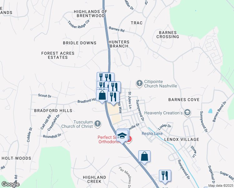 map of restaurants, bars, coffee shops, grocery stores, and more near 7009 Lenox Village Drive in Nashville