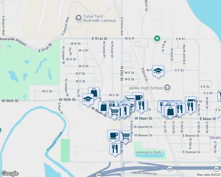 map of restaurants, bars, coffee shops, grocery stores, and more near 410 North Forest Street in Jenks