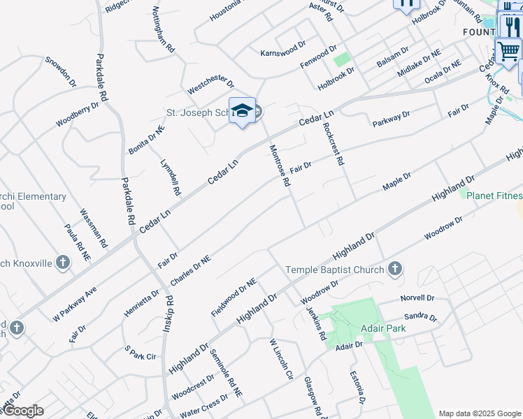map of restaurants, bars, coffee shops, grocery stores, and more near 1707 Charles Drive Northeast in Knoxville