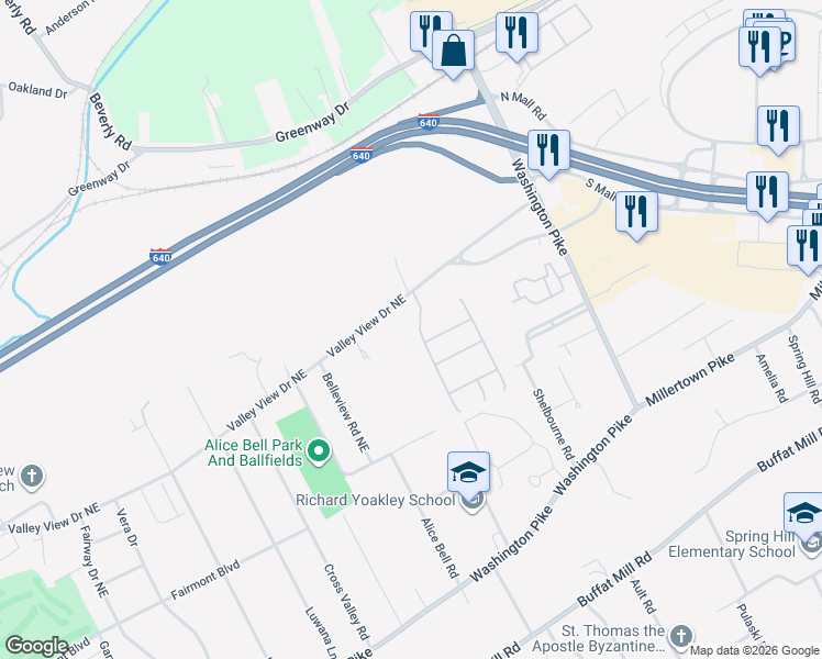 map of restaurants, bars, coffee shops, grocery stores, and more near 3429 Laurel View Road in Knoxville