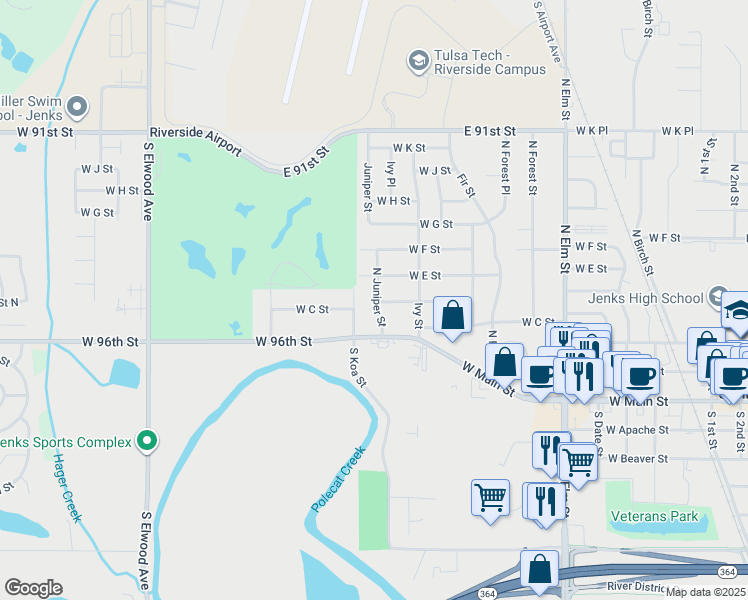 map of restaurants, bars, coffee shops, grocery stores, and more near 506 Juniper in Jenks