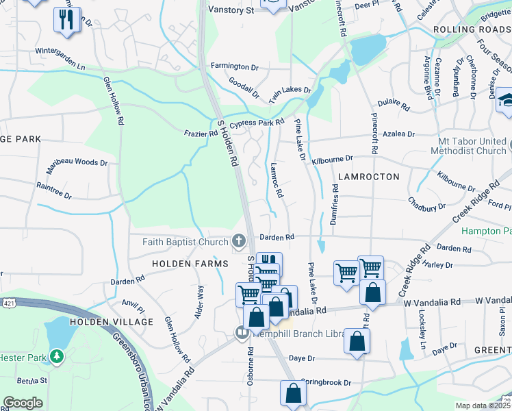 map of restaurants, bars, coffee shops, grocery stores, and more near 3017 South Holden Road in Greensboro