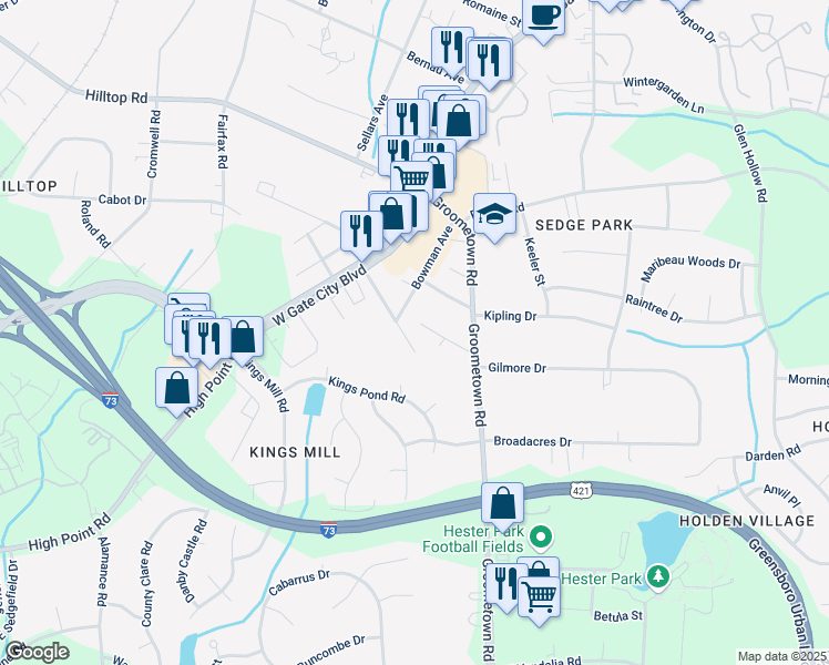 map of restaurants, bars, coffee shops, grocery stores, and more near 2808 Forbes Drive in Greensboro