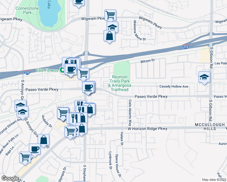 map of restaurants, bars, coffee shops, grocery stores, and more near 1294 Paseo Verde Parkway in Henderson