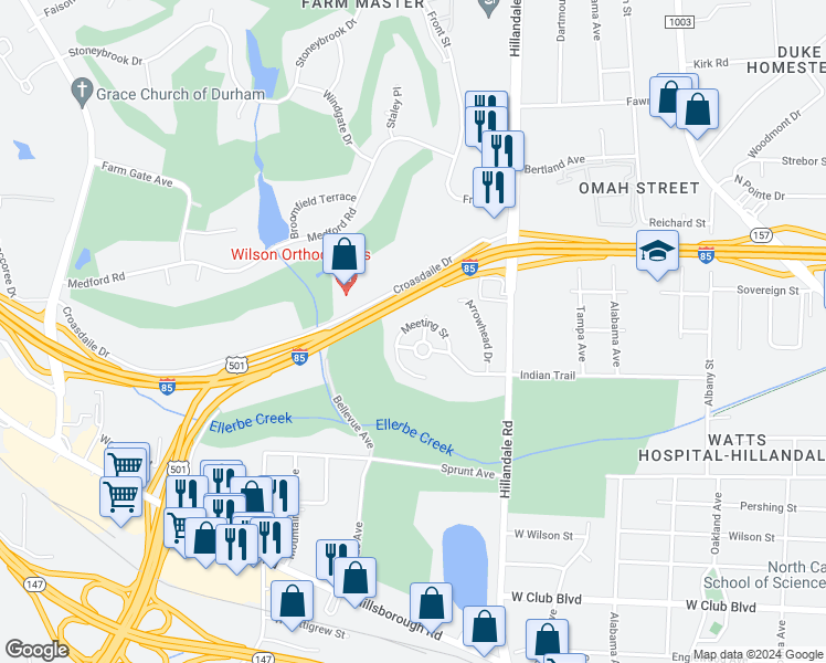 map of restaurants, bars, coffee shops, grocery stores, and more near 1803 Meeting Street in Durham