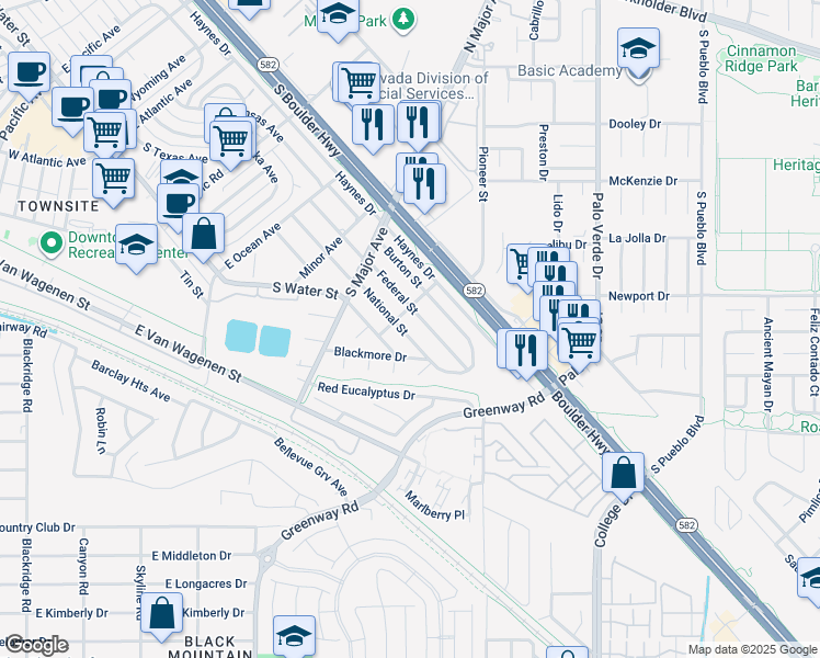 map of restaurants, bars, coffee shops, grocery stores, and more near 625 National Street in Henderson