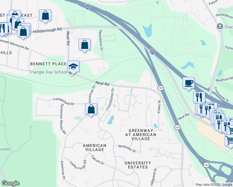 map of restaurants, bars, coffee shops, grocery stores, and more near 11 Sangre De Cristo Drive in Durham
