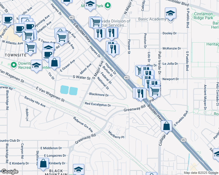 map of restaurants, bars, coffee shops, grocery stores, and more near 625 National Street in Henderson