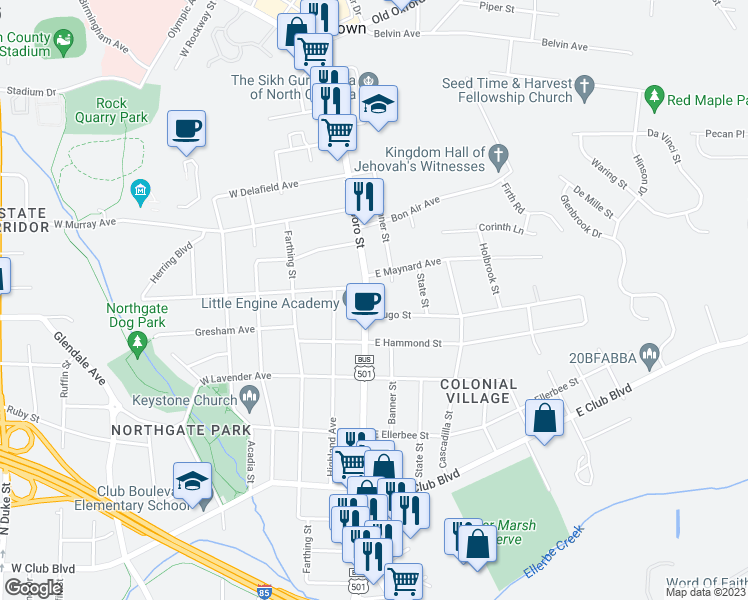 map of restaurants, bars, coffee shops, grocery stores, and more near 2720 North Roxboro Street in Durham