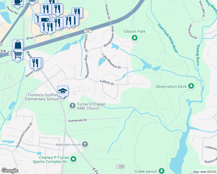 map of restaurants, bars, coffee shops, grocery stores, and more near 3345 Denby Court in Jamestown