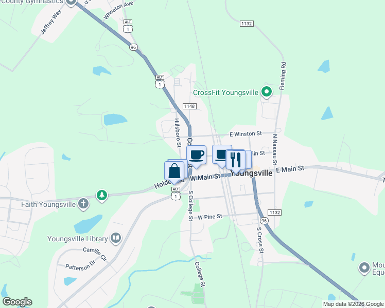 map of restaurants, bars, coffee shops, grocery stores, and more near 202 College Street in Franklinton