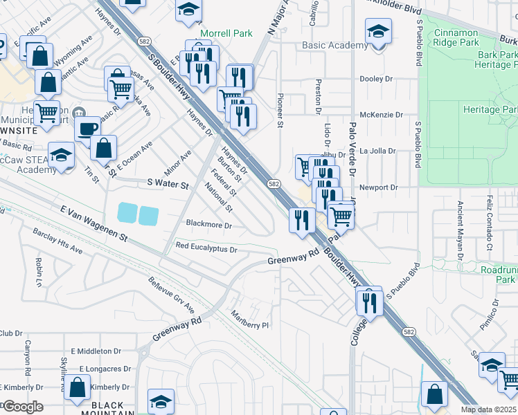 map of restaurants, bars, coffee shops, grocery stores, and more near 628 Burton Street in Henderson