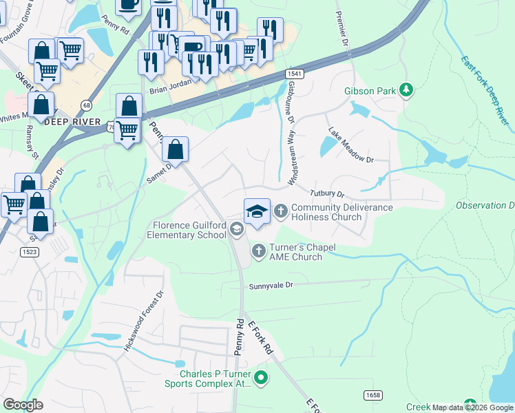 map of restaurants, bars, coffee shops, grocery stores, and more near 3826 Copperfield Court in High Point