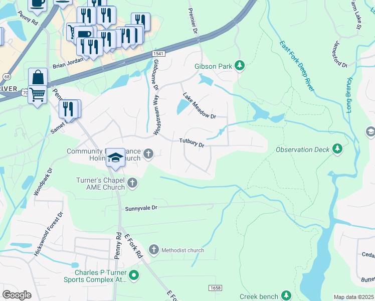 map of restaurants, bars, coffee shops, grocery stores, and more near 3342 Cherrybrook Drive in Jamestown