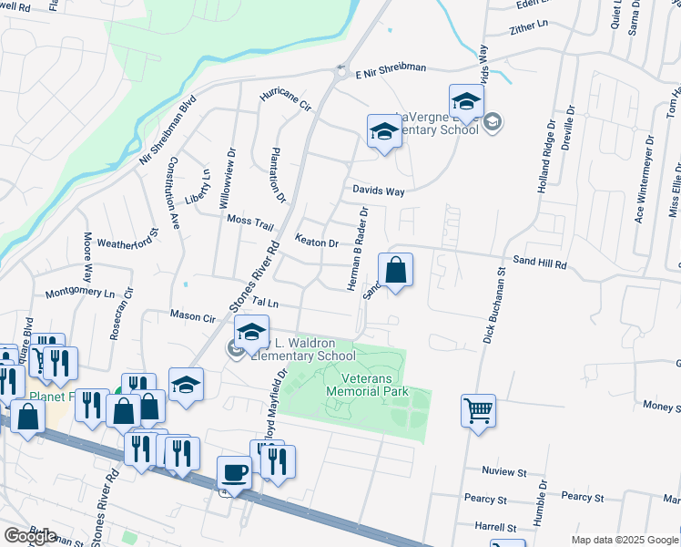map of restaurants, bars, coffee shops, grocery stores, and more near 3009 Herman B Rader Drive in La Vergne