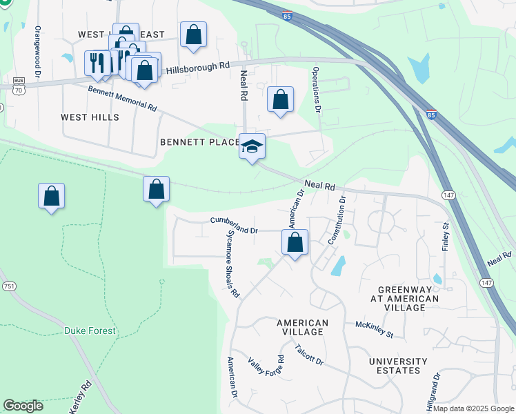 map of restaurants, bars, coffee shops, grocery stores, and more near 208 Regiment Way in Durham