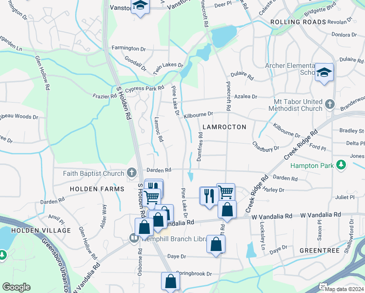 map of restaurants, bars, coffee shops, grocery stores, and more near 2616 Pine Lake Drive in Greensboro