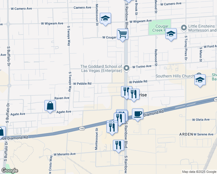 map of restaurants, bars, coffee shops, grocery stores, and more near 7051 West Pebble Road in Las Vegas