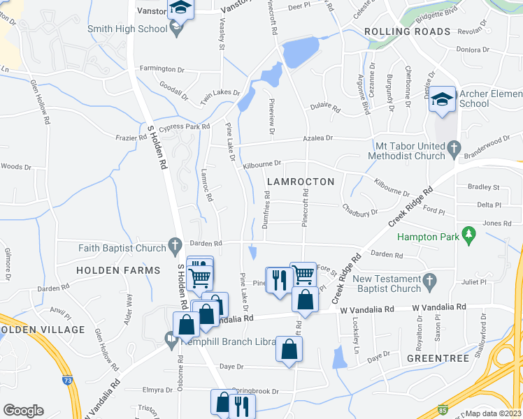 map of restaurants, bars, coffee shops, grocery stores, and more near 2604 Dumfries Road in Greensboro