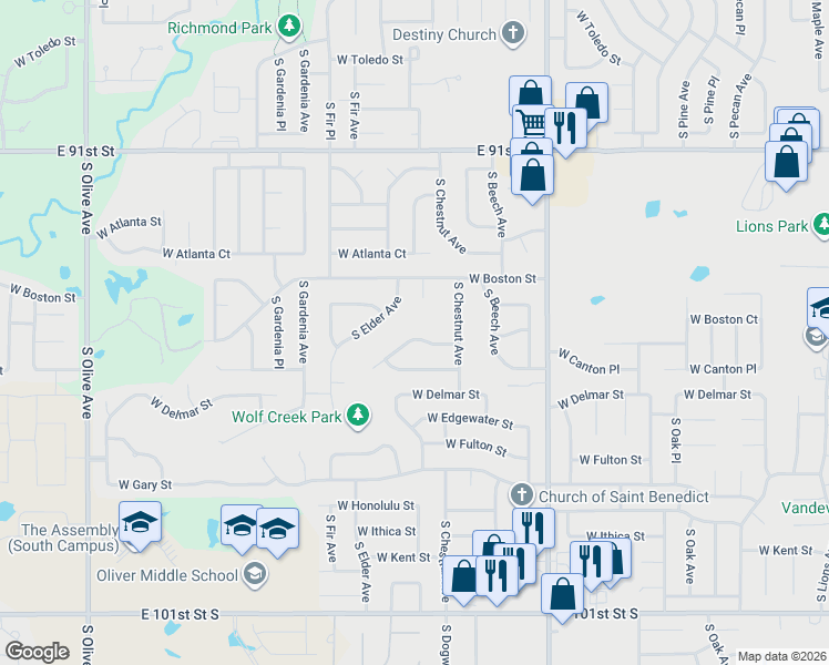 map of restaurants, bars, coffee shops, grocery stores, and more near 2503 West Canton Street in Broken Arrow
