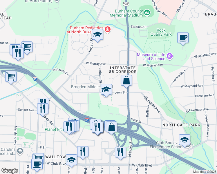 map of restaurants, bars, coffee shops, grocery stores, and more near 1100 Leon Street in Durham