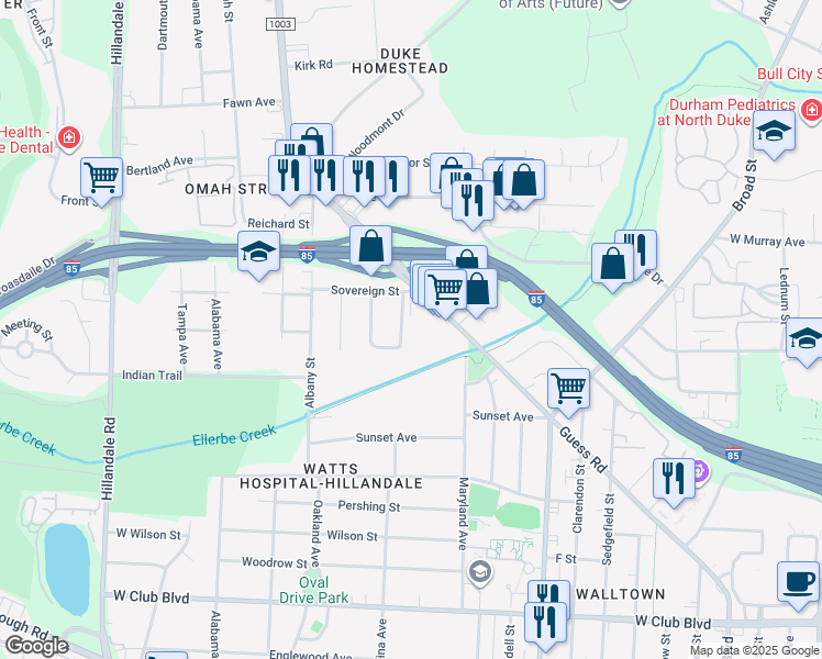 map of restaurants, bars, coffee shops, grocery stores, and more near 2517 Guess Rd in Durham