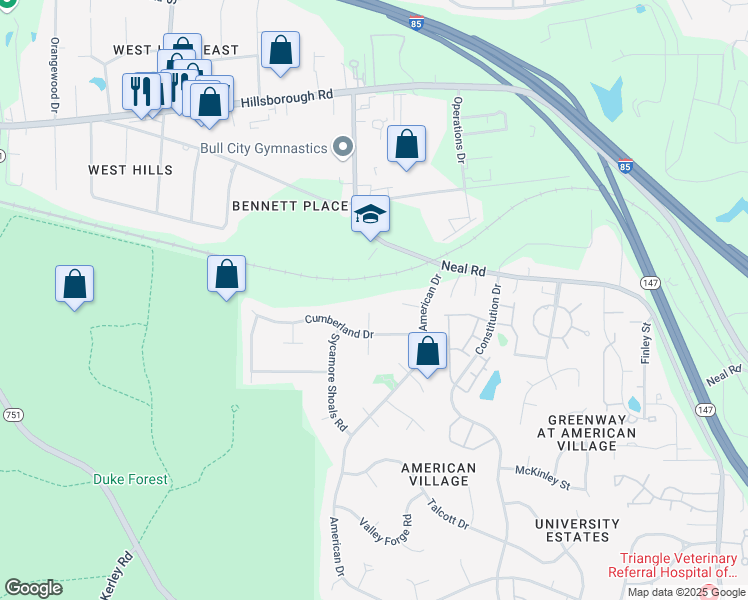 map of restaurants, bars, coffee shops, grocery stores, and more near 4408 Cumberland Drive in Durham