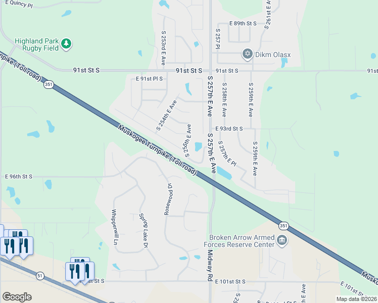 map of restaurants, bars, coffee shops, grocery stores, and more near 9378 South 255th East Avenue in Broken Arrow