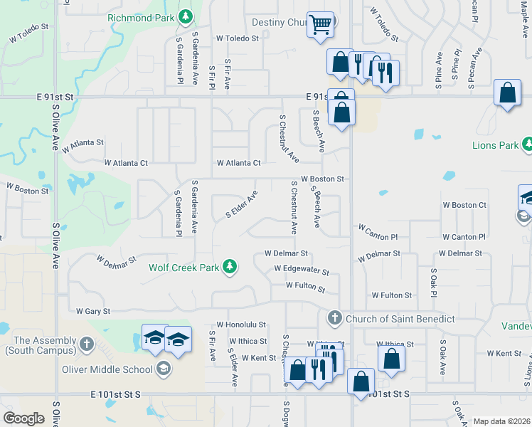 map of restaurants, bars, coffee shops, grocery stores, and more near 2503 West Canton Street in Broken Arrow