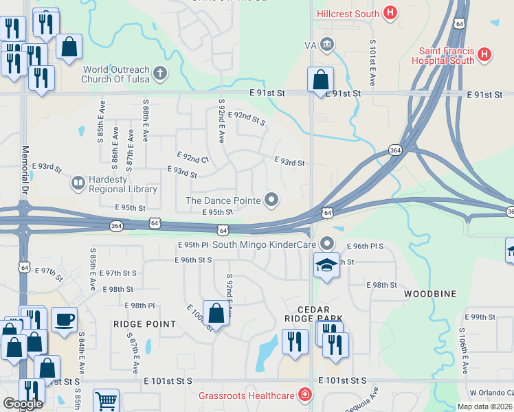 map of restaurants, bars, coffee shops, grocery stores, and more near 9202 East 95th Street in Tulsa
