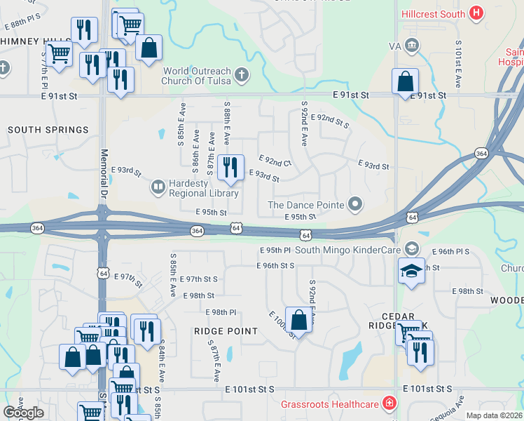 map of restaurants, bars, coffee shops, grocery stores, and more near 9368 South 89th East Avenue in Tulsa